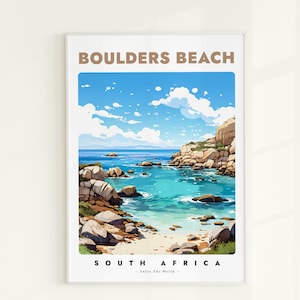 Plakat podróżniczy Boulders Beach, wydruk Western Cape, sztuka ścienna z Południowej Afryki, prezent podróżniczy z Południowej Afryki, ilustracja podróżnicza, dekoracja ścienna z Kapsztadu
