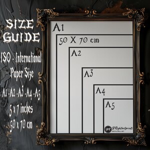 May include: A size guide for ISO international paper sizes, showing the dimensions of A1, A2, A3, A4, and A5 paper in both inches and centimeters. The guide is displayed on a black background with a gold frame.