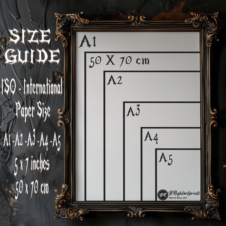 May include: A size guide for ISO international paper sizes, showing the dimensions of A1, A2, A3, A4, and A5 paper in both inches and centimeters. The guide is displayed on a black background with a gold frame.