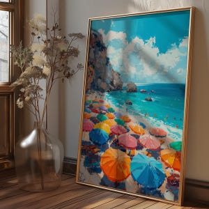 Beach Umbrella Print, Vintage Beach Poster Print, Rainbow Beach Umbrella Wall Decor, Trendy Prints Beachy, Summer Coast Digital Prints