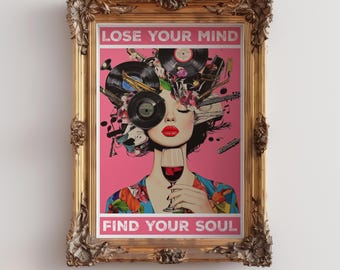 Vintage Music Lover Poster, Retro Woman with Records (Digital Download)