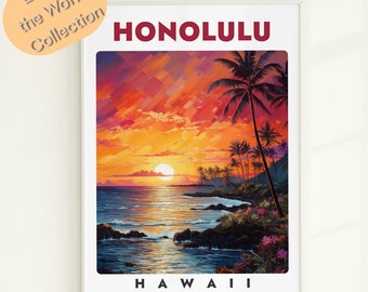 May include: A vintage travel poster with a sunset over the ocean in Honolulu, Hawaii. The poster features palm trees, a rocky shoreline, and a bright orange sky. The text "HONOLULU" is in red at the top of the poster, and "HAWAII" is in black at the bottom. The text "Enjoy The World" is in smaller black text below "HAWAII".