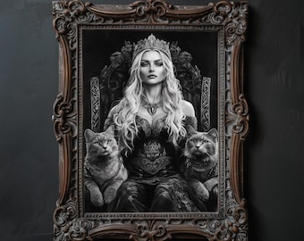 Gothic Queen with Cats Art Print: Dark Academia Home Decor (Digital Download)