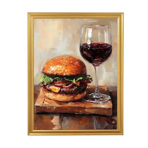 Gourmet Burger i czerwone wino Wall Art do kuchni, jadalni, baru, rustykalny nadruk z jedzeniem, drewniana taca, ilustracja posiłku, wystrój jadalni