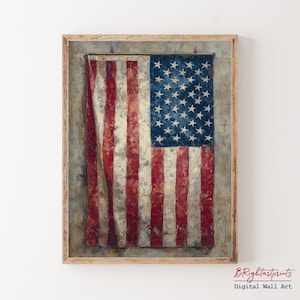 K&ouml;nnte beinhalten: Gerahmtes Gem&auml;lde der amerikanischen Flagge. Es zeigt die Flagge mit roten und wei&szlig;en Streifen und einem blauen Feld mit wei&szlig;en Sternen. Das Kunstwerk hat eine strukturierte, gealterte Optik mit sichtbaren Pinselstrichen.