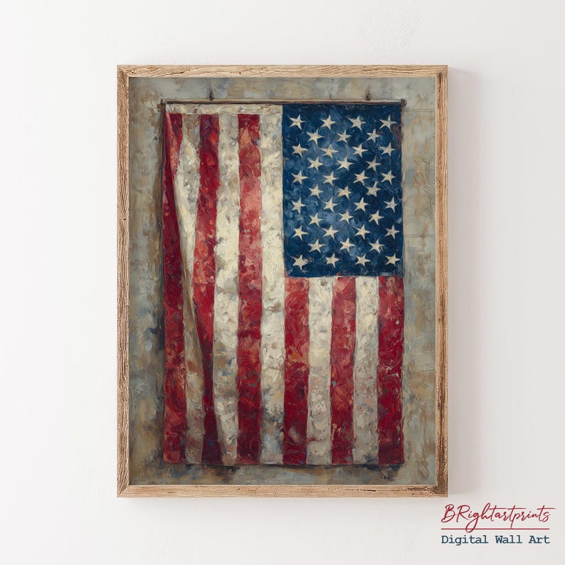 K&ouml;nnte beinhalten: Gerahmtes Gem&auml;lde der amerikanischen Flagge. Es zeigt die Flagge mit roten und wei&szlig;en Streifen und einem blauen Feld mit wei&szlig;en Sternen. Das Kunstwerk hat eine strukturierte, gealterte Optik mit sichtbaren Pinselstrichen.