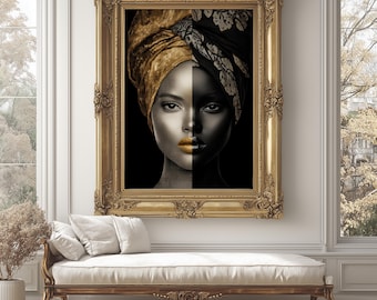May include: A framed portrait of a woman with a gold and black head wrap. The portrait is split vertically, with one side in light tones and the other in dark tones. The frame is ornate gold. The image hangs above a white bench.
