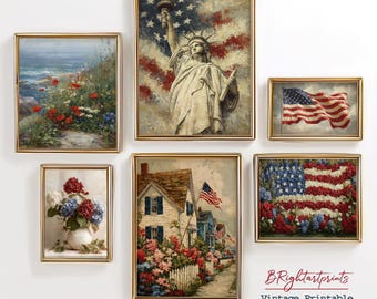 Vintage Americana Gallery Wall Set, Rustic Statue of Liberty and American Flag Art Prints