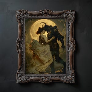 Beauty and the Beast Under the Moonlight, Gothic Princess and Beast Love Goth Decor, Dark Romance Wall Art, Dark Academia Mystic Love Night