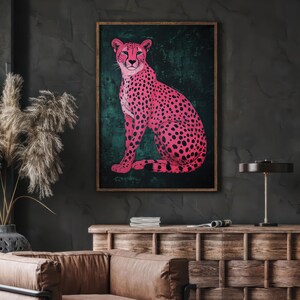 Rosa Geparden-Wanddekor, modernes Plakat Gepard, adrette ästhetische Wandkunst, trendige smaragdgrüne Drucke, Retro-Tierplakat, Dopamin-Dekor