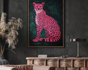 Rosa gepardkonsttryck: Retro smaragdgrön djurposter digital nedladdning