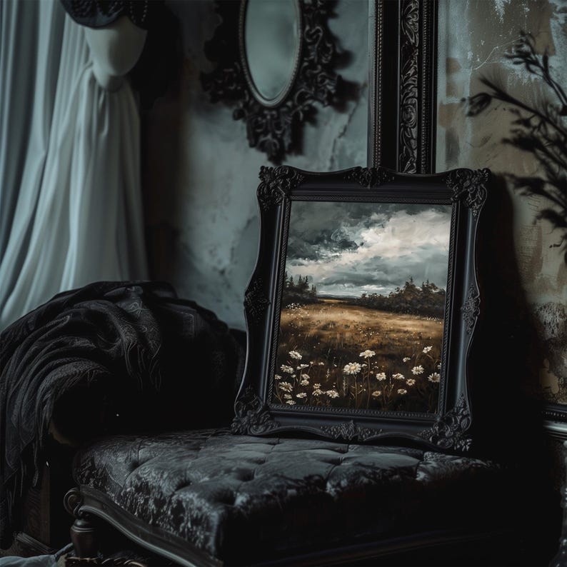 May include: A framed painting of a field of wildflowers with a cloudy sky in the background. The painting is in a dark wood frame with ornate details.