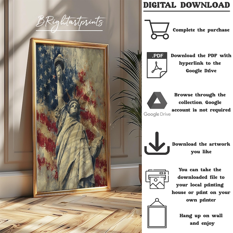 K&ouml;nnte beinhalten: Ein gerahmter Druck mit der Freiheitsstatue vor einem verwitterten Hintergrund der amerikanischen Flagge. Das Kunstwerk hat ein Vintage-Aussehen mit Textur und einen goldenen Rahmen. Der Text "BRightartprints" befindet sich oben links. Es ist ein digitaler Download.