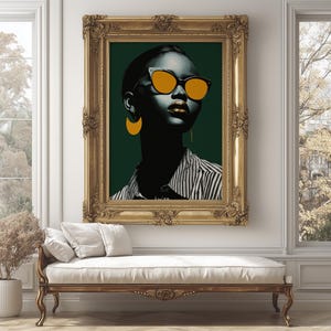 Afro Woman Digital Wall Art Melanin Pride African Culture Inspired Poster Green Tones Bold Orange Details Stylish Black Female Expression