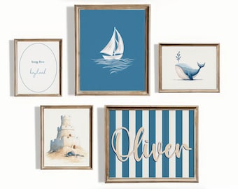 Nautical Nursery Gallery Wall Set, Personalized Boy Name Sign, Watercolor Sailboat and Whale Prints