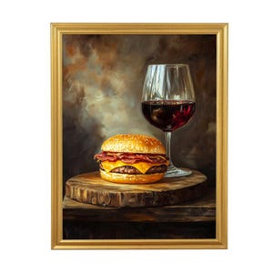 Plakat ścienny z cheeseburgerem i czerwonym winem, cyfrowy wydruk żywności do domu lub restauracji, dekoracja kuchni z motywem jedzenia i napojów, dekoracja ścienna baru