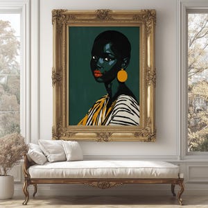 Afro Woman Digital Print Melanin Beauty Portrait African Culture Bold Fashion Illustration Green Background Orange Accessory Wall Art Decor