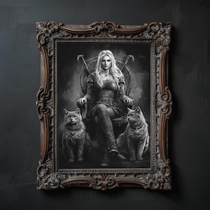 Norse Mythology Art, Viking Wall Art,Dark Academia Print, Majestic Mystical Moody Home Decor Woman and Cats Prints, Scandinavian Print Art