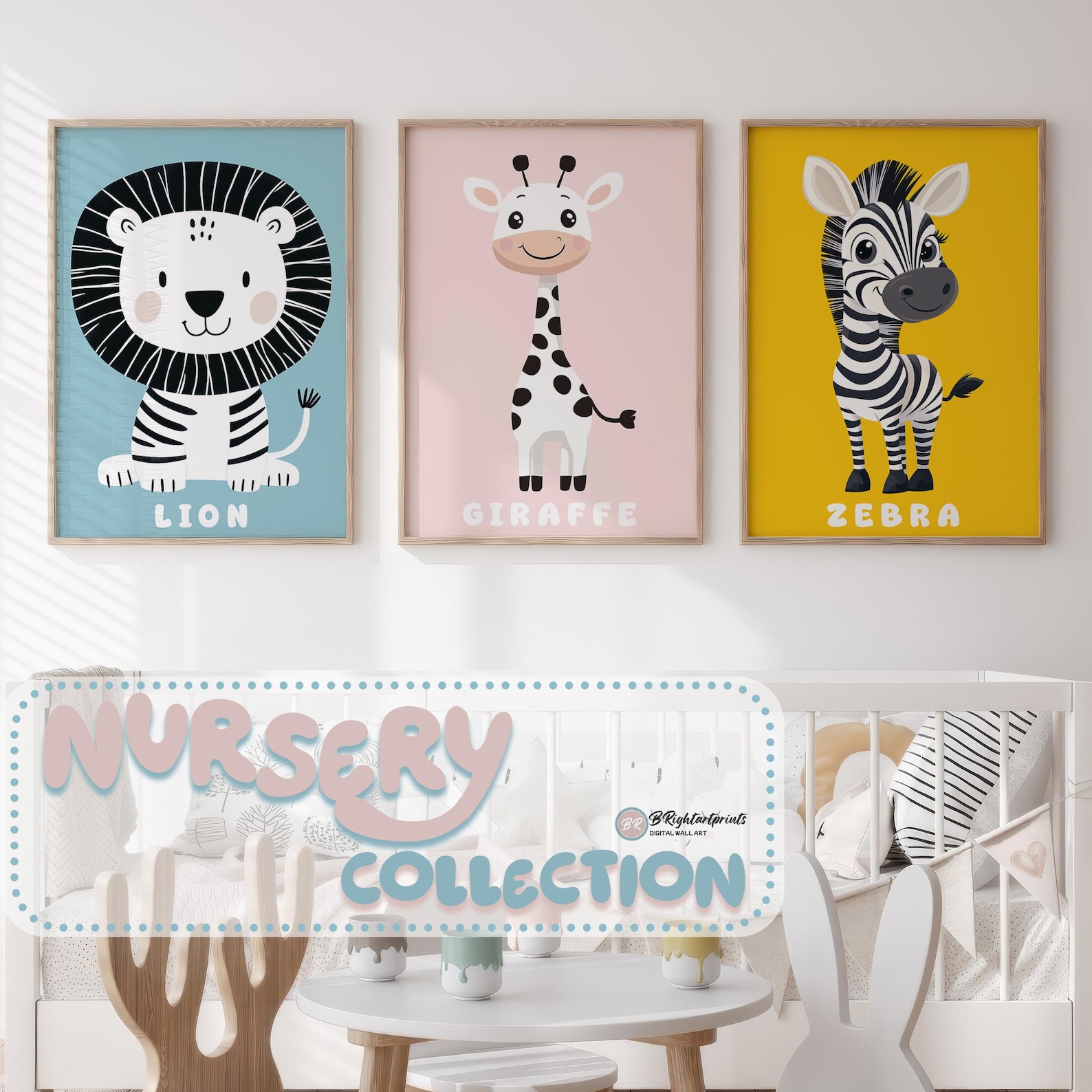Safari Animals Wall Art Set of 3 Prints for Nursery
