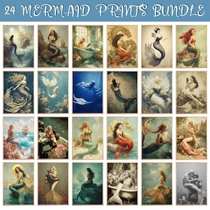 24 Vintage Mermaid Wall Art Gallery Bundle Digital Download Gothic Retro Ocean Fantasy Decor Nautical Printable Coastal Aesthetic Artwork