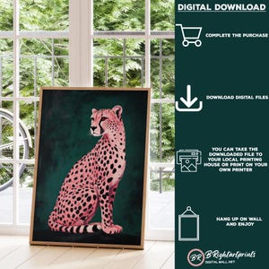 May include: Digital download of a pink cheetah print on a dark green background. The cheetah is sitting with its head turned to the left. The image is framed in a wooden frame.
