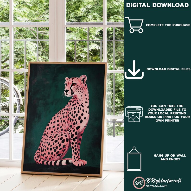May include: Digital download of a pink cheetah print on a dark green background. The cheetah is sitting with its head turned to the left. The image is framed in a wooden frame.