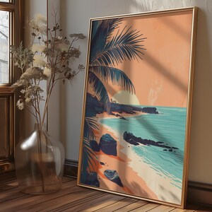 Póster de arte de pared vintage con impresiones costeras, casa de playa y mar, arte de pared de vacaciones y costa, pintura con vista a la playa, pósteres de océanos relajantes