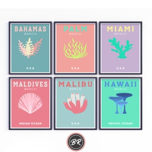 Travel Print Set of 6, Preppy Travel Poster, Dorm Room Prints, Beach House Wall Art, Colorful Summer Prints, Pastel Home Art, Travel Decor