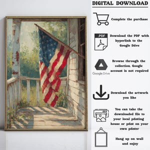 Pu&ograve; includere: Download digitale incorniciato di una bandiera americana appesa a un portico. L'opera presenta un dipinto ad acquerello della bandiera con strisce rosse e bianche e stelle blu. La cornice &egrave; dorata.