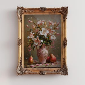 Ramo de lirios rosados y blancos en jarrón, pintura al óleo, estilo cottagecore botánico, bodegón de flores silvestres, póster floral, impresión floral impresionista.