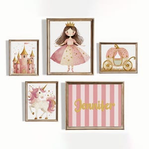 Personalised Princess Nursery Prints, Princess Kids Set Newborn Gift Baby Name Wall Art Pink Girl&#39;s Room Decor Custom Name Digital Poster