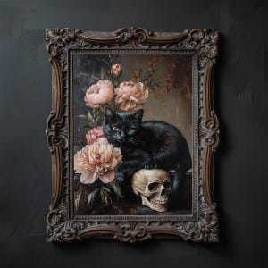 May include: A framed oil painting of a black cat sitting on a skull with pink peonies in the background.