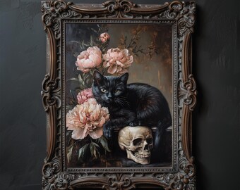 Gothic Black Cat Print: Witchy Skull Art, Dark Fantasy Decor (Digital Download)
