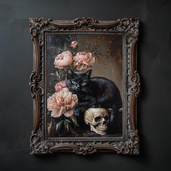 Gothic Black Cat Print: Witchy Skull Art, Dark Fantasy Decor (Digital Download)