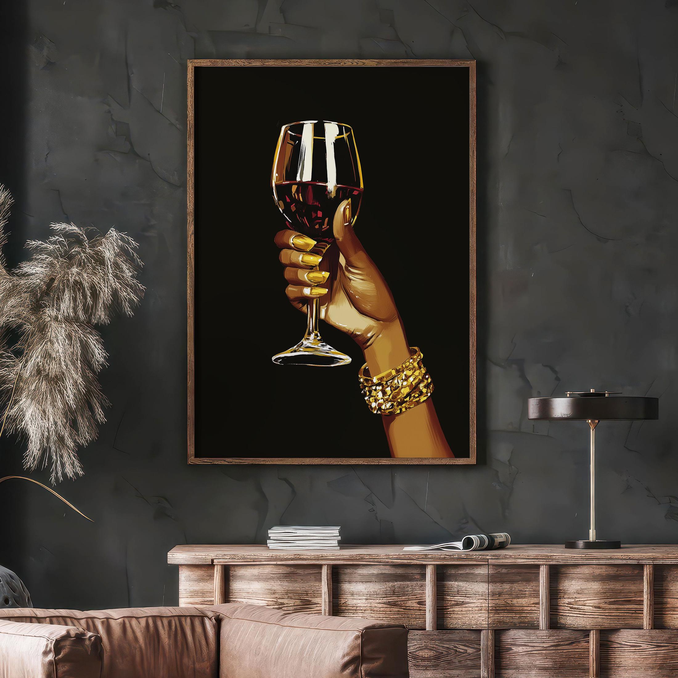 Elegant Black Woman Hand Holding Wine Glass Digital Wall Art, Black Woman Poster Stylish Afrocentric Home Decor Minimalist Black Culture Art