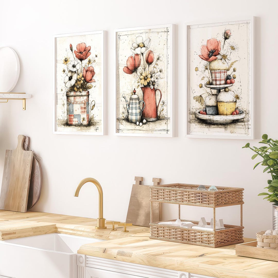 vintage floral kitchen scene clipart set graphic by... Vintage Kitchen Botanical Art Print Set, Cottagecore Gallery Wall ...
