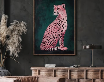Konsttryck med rosa gepard: Retro smaragdgrön preppy dekor (digital nedladdning)