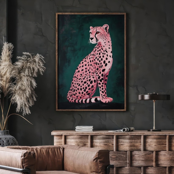 Pink Cheetah Art Print: Retro Emerald Green Preppy Decor (Digital Download)