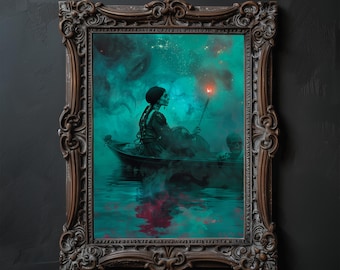 Misty River Sorceress Art Print: Whimsical Gothic Home Decor Digital Download