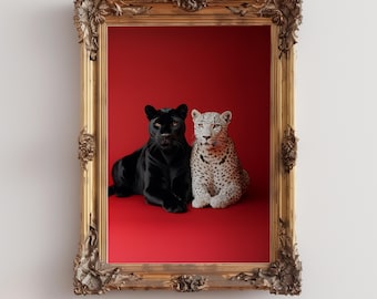 ユキヒョウとクロヒョウの浮世絵版画：陰陽動物画（デジタル