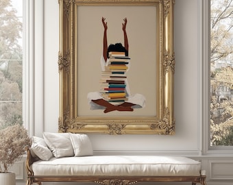 Impressão artística de uma mulher negra lendo: Garota afro sobre livros (Download digital)