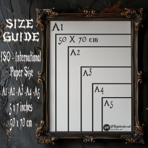 May include: A size guide for ISO international paper sizes, showing the dimensions of A1, A2, A3, A4, and A5 paper in inches and centimeters. The guide is displayed on a framed poster with a black background and gold trim.