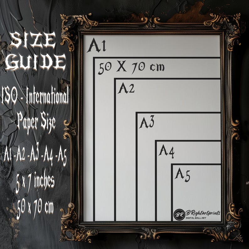 May include: A size guide for ISO international paper sizes, showing the dimensions of A1, A2, A3, A4, and A5 paper in inches and centimeters. The guide is displayed on a framed poster with a black background and gold trim.