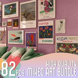 Eclectic Gallery Wall Decor, Museum Art Bundle, Japanese Home Decor, Pink Gallery Wall Bundle, Van Gogh Digital Print Set, Monet Morris Set