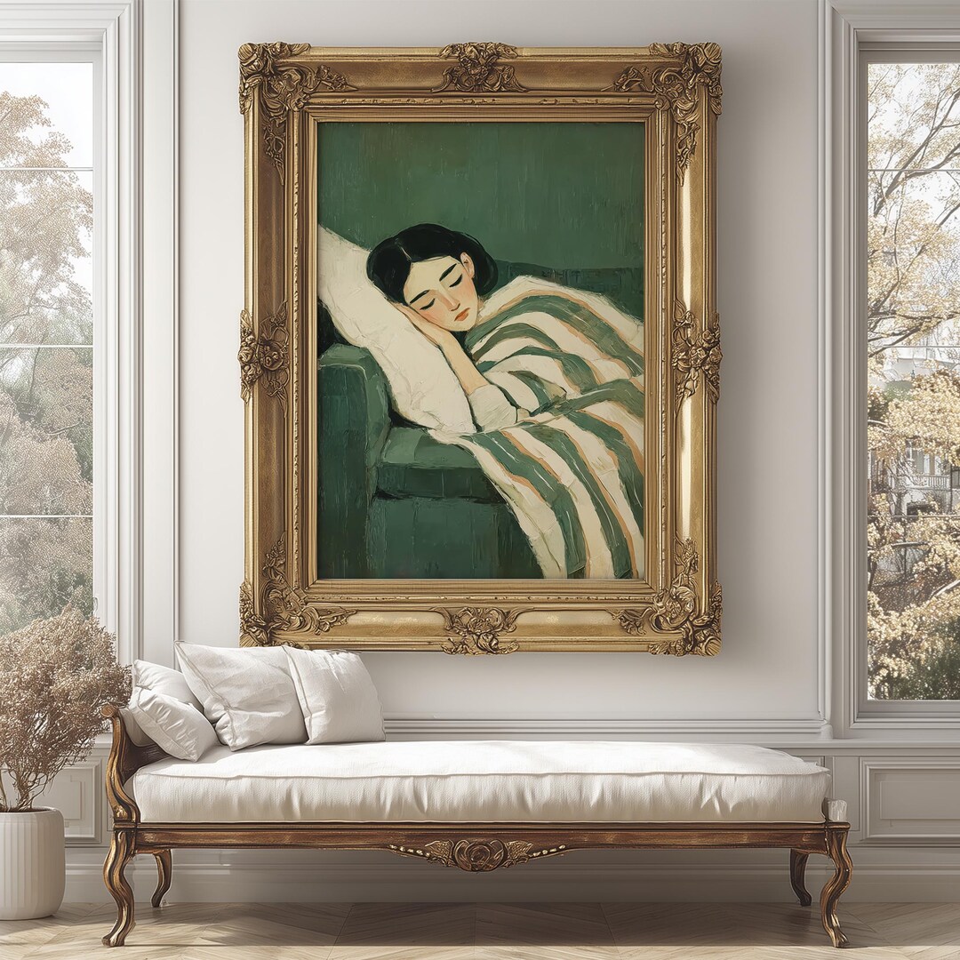 Emerald Green Portrait Digital Wall Art Oil Painting Sleeping Woman ...