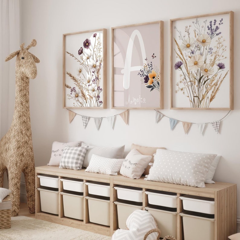 Wildflower Nursery Gallery Wall Set, Personalized Floral Monogram, Boho ...
