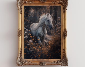 White Horse in Dark Forest Cottagecore Art (Digital Download)