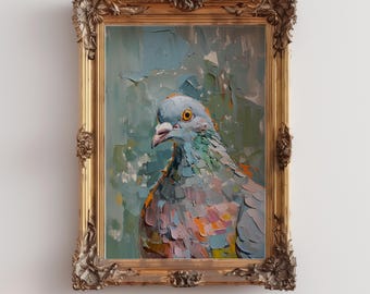 May include: A framed oil painting of a pigeon with blue-grey and orange-brown plumage. The bird is looking to the left of the frame. The painting is set against a textured, light blue background.
