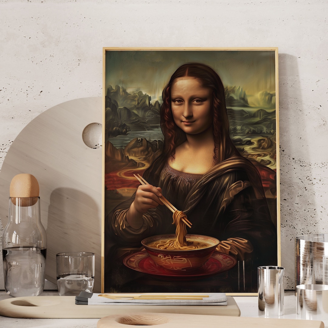Mona Lisa Eats Noodles Print: Funny Kitchen Ramen Art (digital