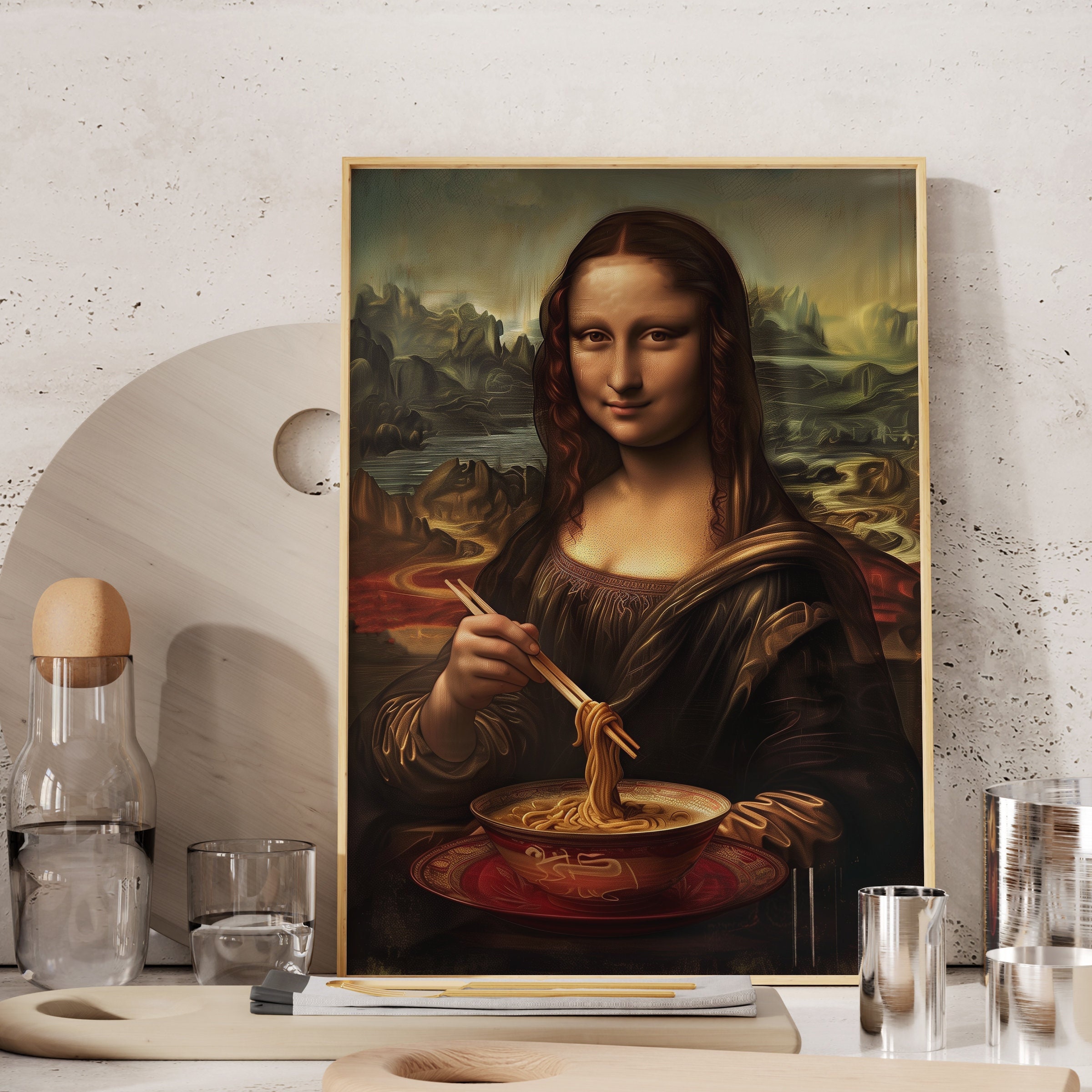 Mona Lisa Eats Noodles Print: Funny Kitchen Ramen Art (digital
